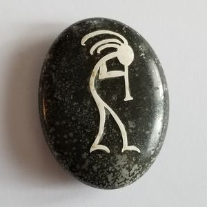 Kokopelli pocket rock worry stone white grey